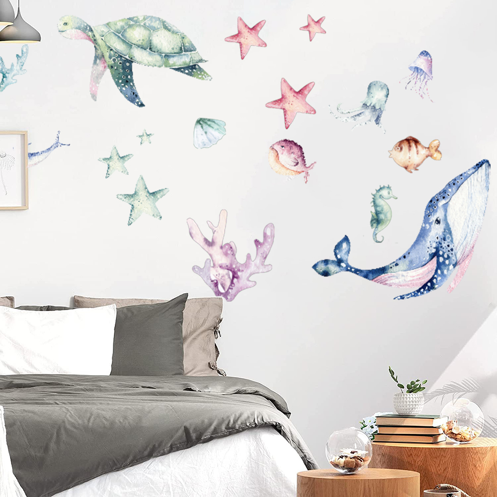 Watercolor Sea Life Ocean Wall - огляд і ціна Home Bathroom Floor Tiles