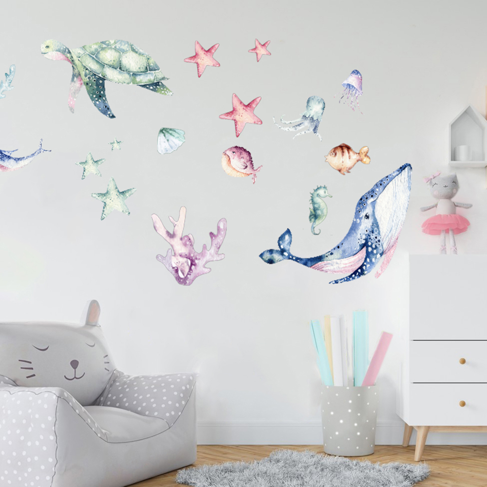 Watercolor Sea Life Ocean Wall - огляд і ціна Home Bathroom Floor Tiles